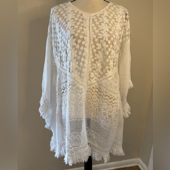 Pure Other - Pure white floral lace fringe swim cover up tunic top SZ S/M